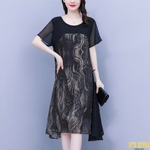 잇츠스타일 [L-5XL] 쉬폰 패치 메쉬 블랙 반소매 여름 원피스