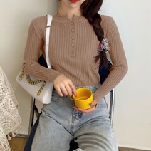 감성갤러리 여성 단추 포인트 슬림 골지 긴팔 티셔츠