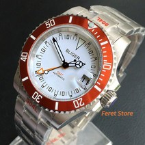 30대 남자시계 BLIGER-GMT 오토매틱 남성 시계 40mm 화이트 오렌지 블랙 핸드 브러시드 오이스터 밴드 실버 인서트 플랫 사파이어 손목