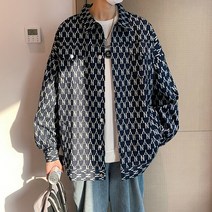 한국 트렌디 프린트 데님 재킷 남성 셔츠 긴 소매 턴 다운 칼라 아웃웨어 캐주얼 코트 야구