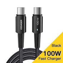 c타입 충전기 usb 케이블 충전선 c핀케이블 젠더 essager 100w usb type c to usb c 케이블 xiaomi huawei p30 p40 pro 5a 고속 충전, 100w 블랙, 1m