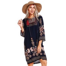 LF70300 V넥 자수 에스닉 프린팅 보헤미안 원피스
