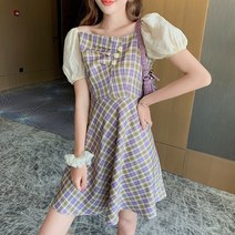 잇츠스타일 여성 프렌치 체크무늬 큐티 로맨틱 데이트룩 스퀘어넥 미니원피스