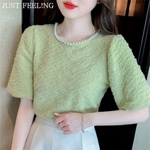 JUST FEEL!NG 박사이즈/라운드넥/진주장식/반팔/셔츠/상의/여자/루즈핏/블라우스