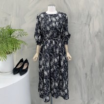 행복여[신상무배]앤티크 드로잉 플라워 나염 셔링 플레어 원피스