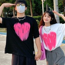 커플룩 순면 커플 여름 반팔 티셔츠 남녀 루즈핏 ins 여름룩 하트 프린트 티셔츠 반팔