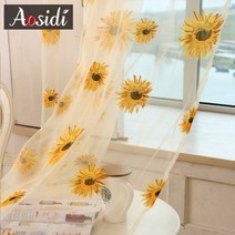 쉬폰 커튼 화이트 아일렛형 레이스 노란색 꽃 창 얇은 명주 그물 커튼 거실 침실 꽃