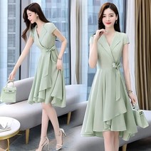 예복원피스 아나운서 빅사이즈 한국어 패션 브이 넥 a 라인 Pleated 드레스 여성 여름 우아한 무릎 길이 짧