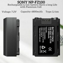 NP-FZ100 교체 배터리 6800mAh 소니 FX3FX30A1A9A9 IIA7R IIIA7S IIIA7 IVA6600A7C 카메라와 호환 가능, 02 2PCS Battery