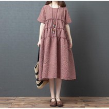 여성 린넨 원피스 빈티지 체크 빅사이즈 a라인 오버핏 캐주얼 여자 봄 가을 반팔 롱원피스 2022 linen dress women JX0223