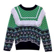 프린스타 여성 스웨터 조끼/풀오버 녹색 마름모 자카드 기하학 러플 니트웨어