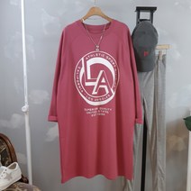 상상그이상 여성용 국내제작 LA원피스 부드러운 면 폴리 혼방 루즈핏 롱 원피스 티셔츠 가볍게 입기 좋은 간편한 스타일링 레터링 긴팔 원피스
