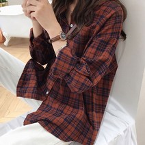 2컬러 케주얼 여성 오버핏 체크 카라 긴팔 셔츠 남방