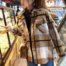여성 체크무늬셔츠 모직남방 후드 모직상의 맨투맨
