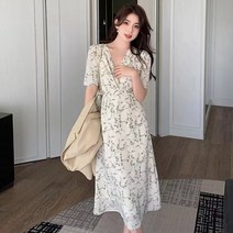 여름 그린 브이넥 꽃무늬 바캉스원피스 벌룬소매 쉬폰 롱원피스