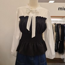 미엘로 리본넥 허리쭈리배색 블라우스 MM33BL102