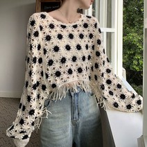 [랜덤플레이] 플라워 펀칭 테슬 판쵸 그물 니트