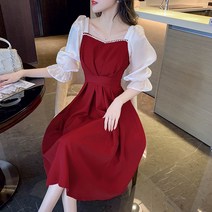 달콤한 프랑스 빨간 드레스 여성의 5 점 소매 2022 봄 새로운 허리 슬림 긴 스커트 A 라인 스커트