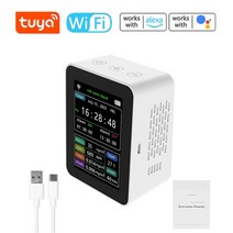 복합가스농도측정기 공기질 미세먼지측정기 투야 와이파이 스마트 감지기 6 인 1 PM2.5 TVOC CO2 CH20 온도 습도 시간 날짜 표시 테스터, [02] White