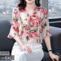 도오빠 여성 블라우스 쉬폰 셔츠 반팔 오버핏 꽃무늬 여자블라우스