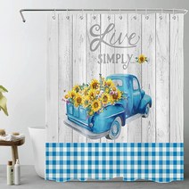 MEUNEAR 농장 트럭 샤워 커튼 해바라기 앤티크 풀 옐로우 플로럴 블루 격자 무늬 체크 농가 나무 보드 욕실 폴리에스터 원단 세탁 가능 후크 10개 152.4 x 182.9cm, 60