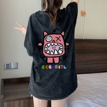 데일리룩 면 뉴타입 인플루언서 순면 워싱 구제 루즈핏 반팔 티셔츠 여 원색 따뜻 빈티지