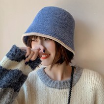 투톤 배색 손뜨개 니트 버킷햇 비니 모자
