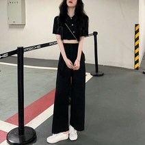트루픽 글램핏 카라 크롭 와이드 투피스 팬츠 자켓 반팔 데일리 꾸안꾸 여름 밴딩 슬랙스 팬츠