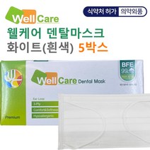 [5박스] 웰케어 덴탈마스크 화이트(흰색) 화이트마스크 의약외품 식약처 허가 KM덴탈마스크 케이엠델탈마스크 유한킴벌리덴탈마스크 1회용마스크 50매