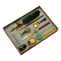 골동품 깃털 딥 펜 키트 레트로 우드 딥 펜 세트 클래식 왁스 인감 스탬프 키트 서예 예술 단어 비즈니스 선물, 협력사, GN