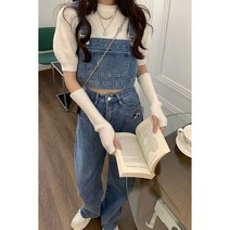 아메리칸 레트로 청청세트 오버롤 코디셋 퍼프 반팔니트 데님 뷔스티에 청바지 쓰리피스