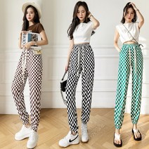 봄여름 바둑판 체크 팬츠 자녀 날씬해 보이는 한국판 캐주얼 와이드 슬랙스 밴딩 허리 배기 팬츠