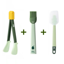 EGOmart 실리콘 주방 요리도구 3종 세트 오일 솔+집게+주걱 키친세트, 그린