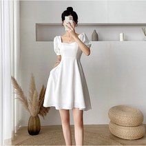 MEET 여성 여름 퍼프소매 미니 쉬폰 원피스 스퀘어넥