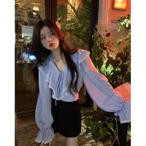 블루 프릴 러플 셔츠 하늘하늘 샤랄라 보세 블라우스 수입 남방 면 루즈핏 오버핏 SY