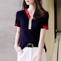 엘에프제트 여성 슬림골지 브이넥 반팔 니트티셔츠