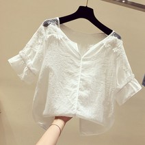 루즈핏 쉬폰 날씬해보이는 슬림핏 퍼프 패턴 이미지 쁘띠 깔끔한 여성 반팔 블라우스 어깨