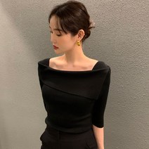 여성니트티 Ezgaga 니트 탑 여성 얇은 턴 다운 칼라 슬림 스트레치 하프 슬리브 여름 사무원 레이디 빈티지 단순 풀오버