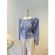 국내제작 체크 가슴 프릴 스퀘어넥 스판 블라우스 2C