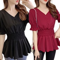 3size 허리잡아주는 브이넥 셔링 블라우스 여성 반팔 봄 여름 가을 프릴 퍼프 셔츠 탑 상의 여자 화이트