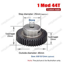 랙기어 44t mod 1 피니언 681012mm 보어 스퍼 외경 46mm 45 스틸, 8mm