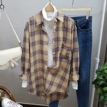 상상그이상 여성용 간절기 빅사이즈 오버핏 체크 포켓 롱 셔츠