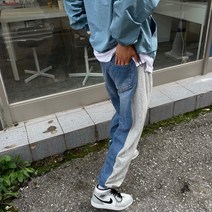 봄 반반 데님 배색 와이드핏 조거팬츠 남여공용 (2Color)