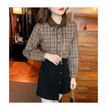 빈티지 체크 면 셔츠 여 긴팔 봄 리본 셔츠