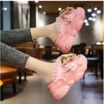 차쿠 여성 레이스 큐빅리본 통굽 웨지슬리퍼