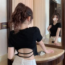 BANHANY 파라 반전 백리스 뒷트임 크롭 반팔 라운드 티셔츠 2color 22052733