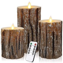 Flameless Candles Cedar-Bark Dipless Real Wax LED 기둥에는 24 시간 타이머 기능 400+ 시간 (CEDAR BARK -3 PACK)이있는, 나무 갈색