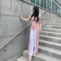 VANANA2 여성 국내제작 캡내장 나시 배색 와이드 팬츠 투피스 세트 3color