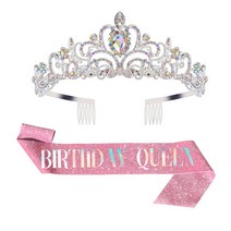 룰루마켓 다이애나 크리스탈 티아라 왕관 어깨띠 세트, 실버&핑크 퀸