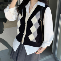 패션디바 여성 가을 겨울 간절기 할리퀸 체크 브이넥 단추 니트 조끼 베스트